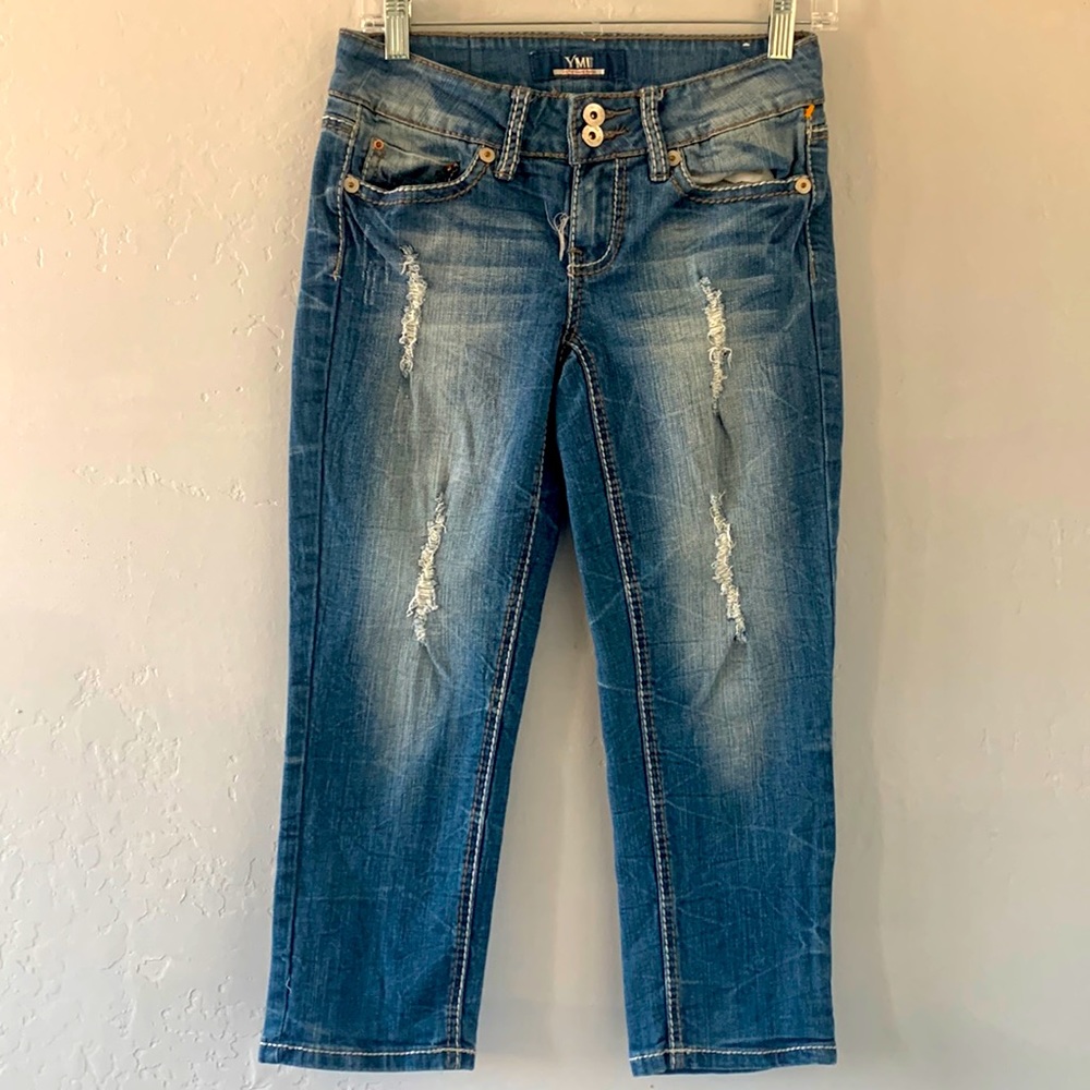YMI WOMEN JUNIOR SPANDEX DISTRESSED JEAN 2BUTTON CLOSURE  THICK STICH SIZE3